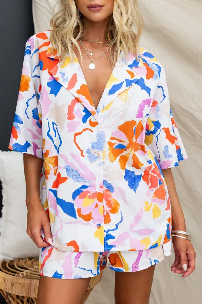 Vacation Geometric Print Buttons Contrast Turndown Collar Half Sleeve Two Pieces