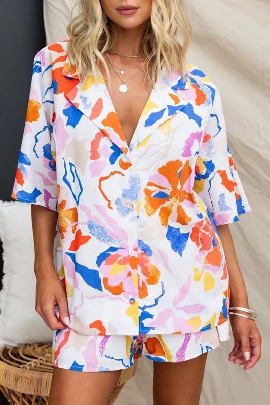 Vacation Geometric Print Buttons Contrast Turndown Collar Half Sleeve Two Pieces