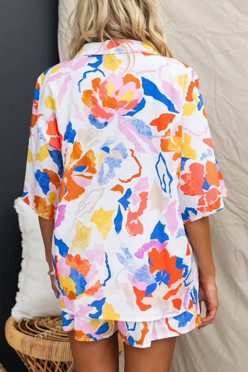 Vacation Geometric Print Buttons Contrast Turndown Collar Half Sleeve Two Pieces