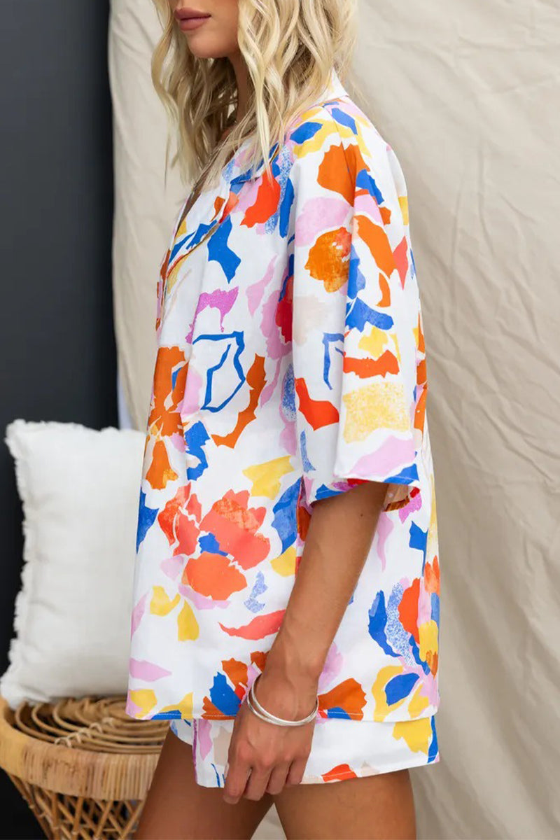 Vacation Geometric Print Buttons Contrast Turndown Collar Half Sleeve Two Pieces