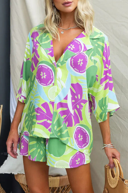 Vacation Geometric Print Buttons Contrast Turndown Collar Half Sleeve Two Pieces