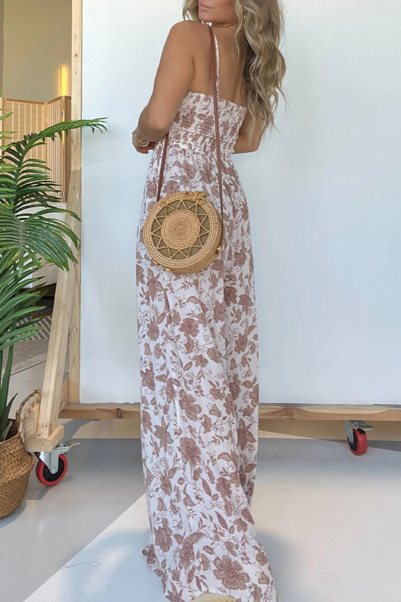 Print Flowers Fold V Neck Loose Jumpsuits