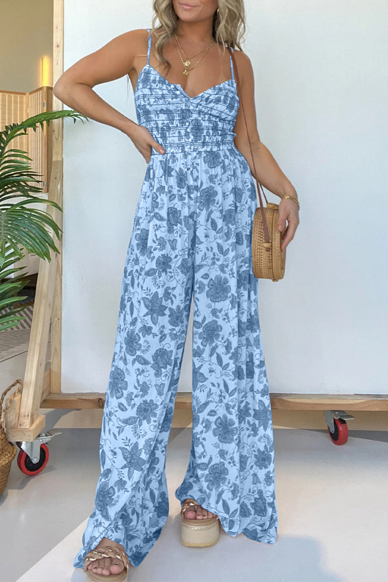 Print Flowers Fold V Neck Loose Jumpsuits