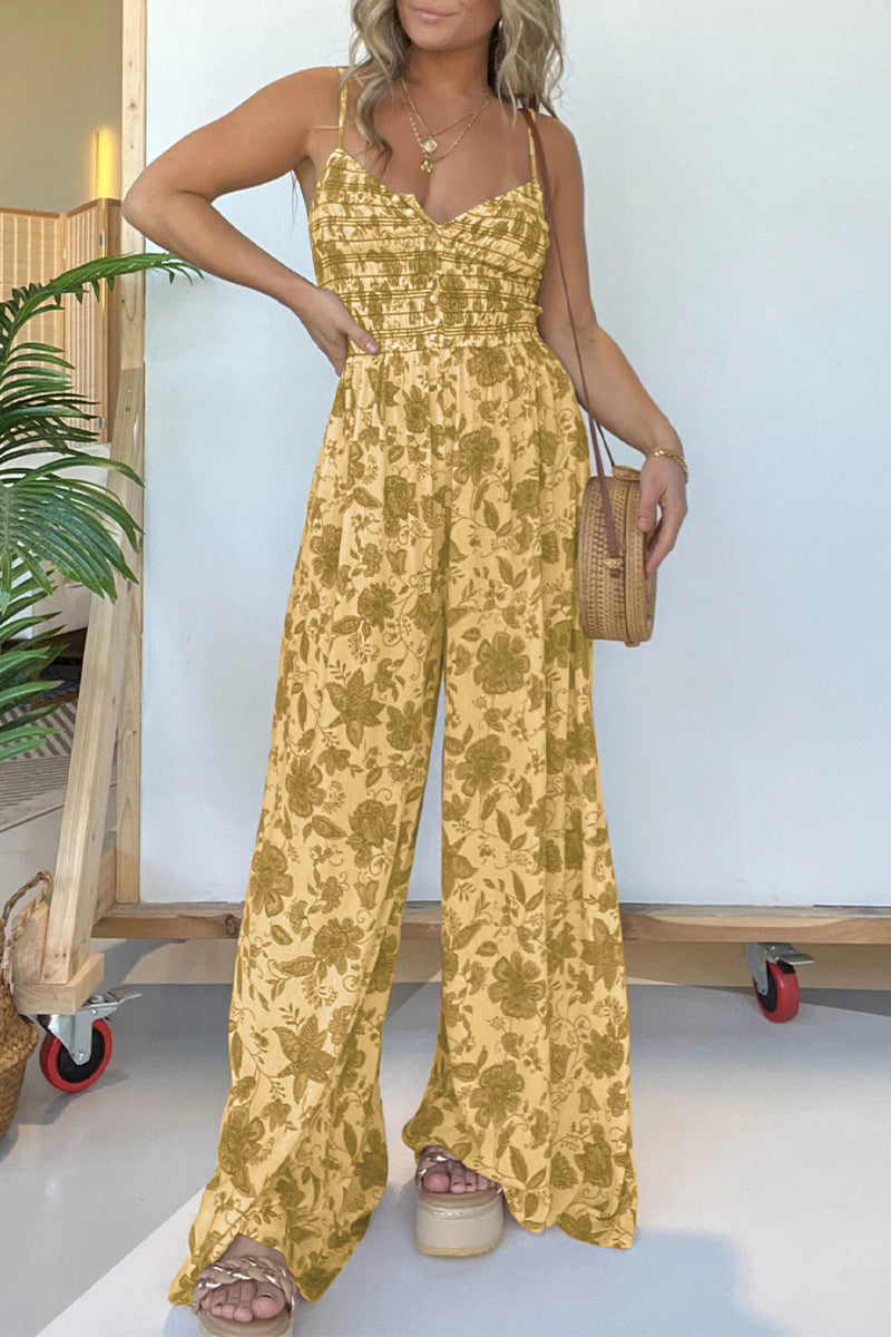 Print Flowers Fold V Neck Loose Jumpsuits