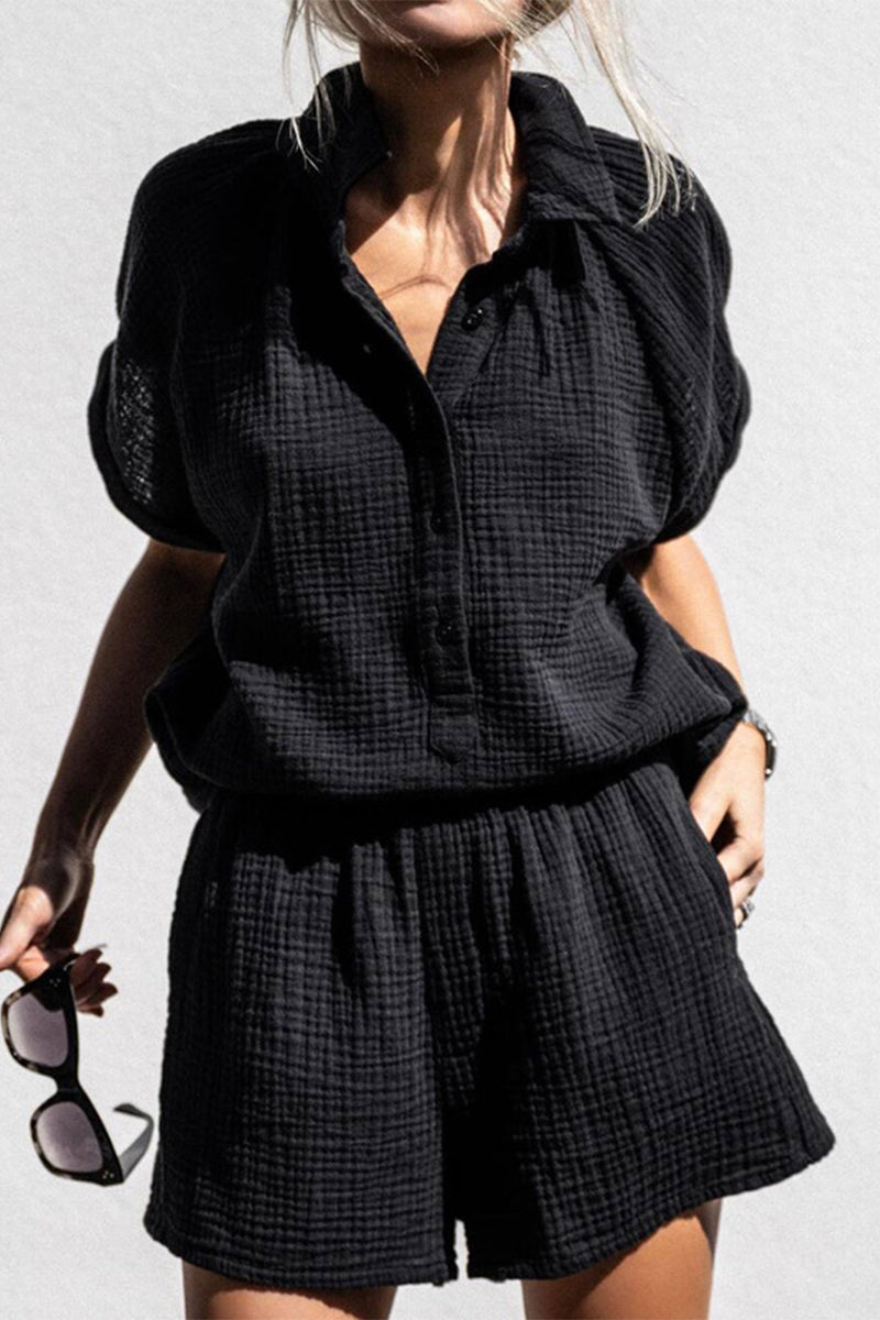 Simplicity Pocket Buttons Turndown Collar Short Sleeve Two Pieces
