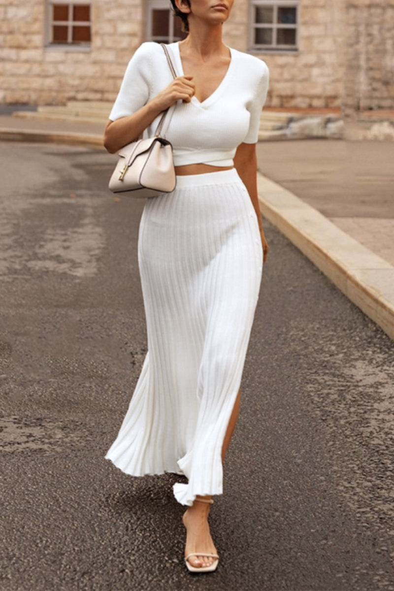 Slit V Neck Short Sleeve Two Pieces