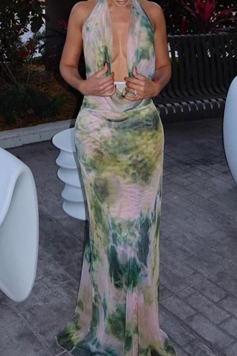 Gradual Change Print Backless Scarf Collar Sleeveless Two Pieces