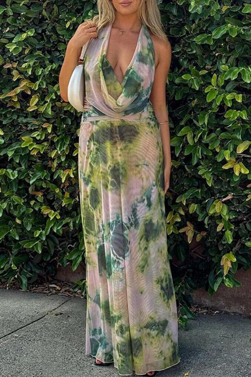 Gradual Change Print Backless Scarf Collar Sleeveless Two Pieces