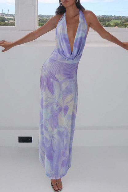 Gradual Change Print Backless Scarf Collar Sleeveless Two Pieces