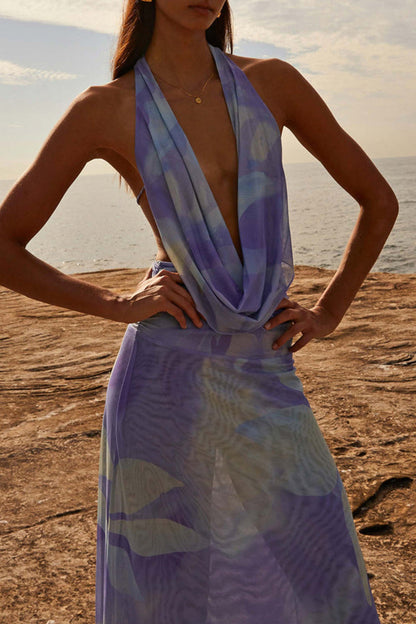 Gradual Change Print Backless Scarf Collar Sleeveless Two Pieces