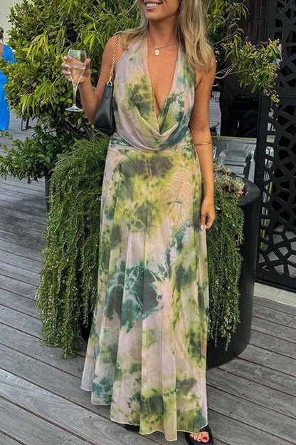 Gradual Change Print Backless Scarf Collar Sleeveless Two Pieces