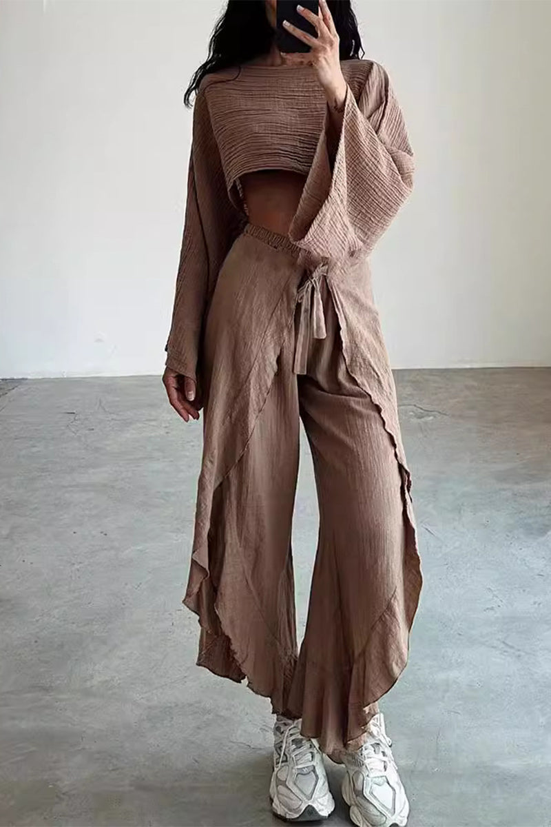 Frenulum Flounce Slit O Neck Long Sleeve Two Pieces