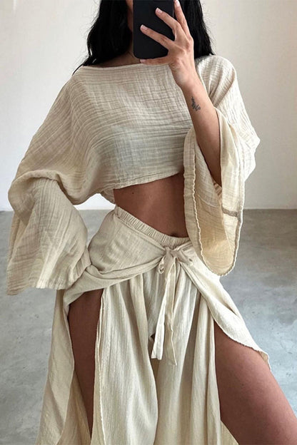 Frenulum Flounce Slit O Neck Long Sleeve Two Pieces