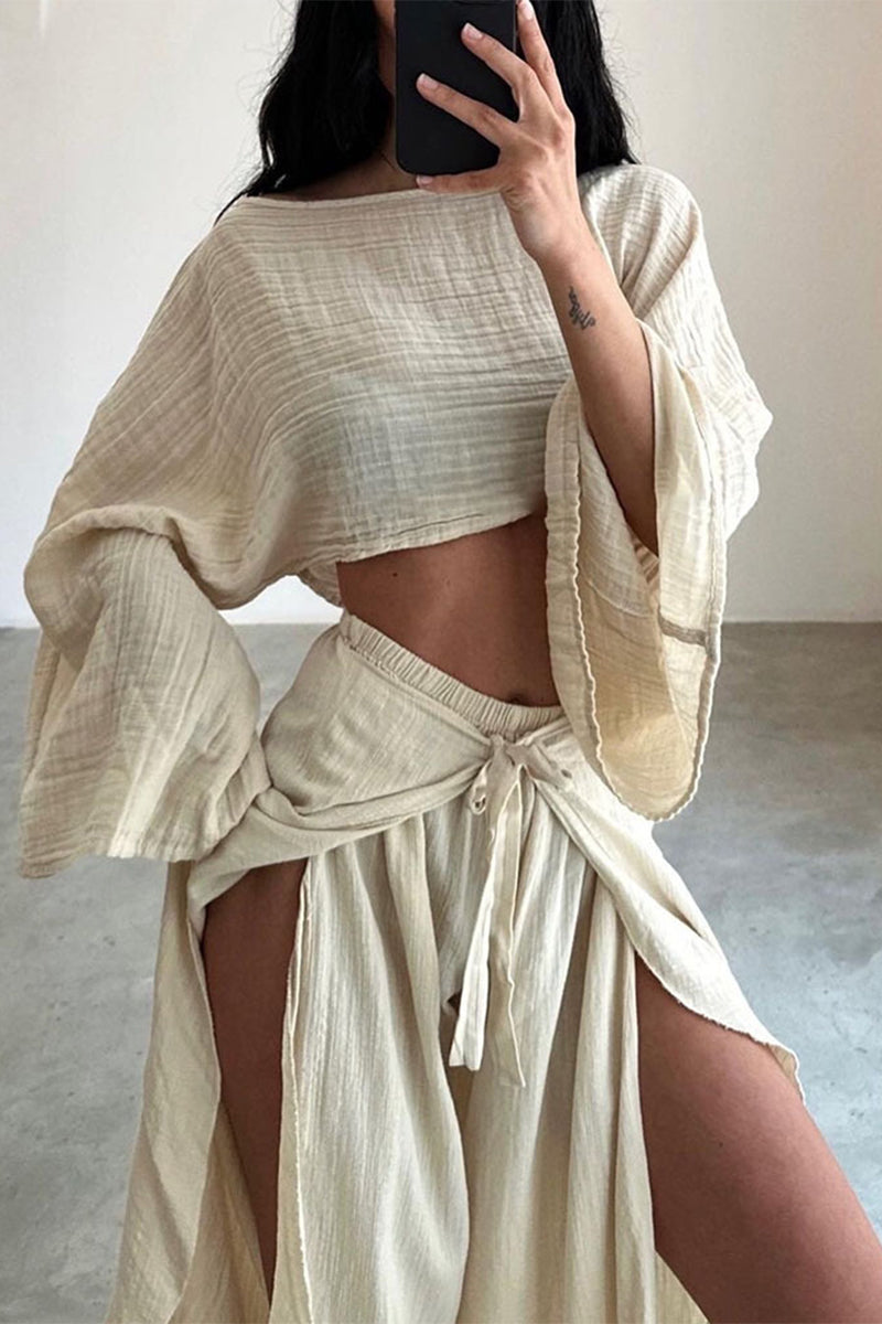 Frenulum Flounce Slit O Neck Long Sleeve Two Pieces