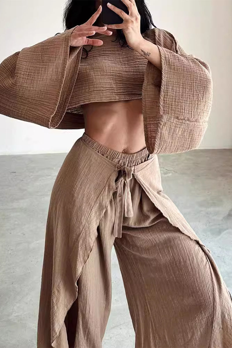 Frenulum Flounce Slit O Neck Long Sleeve Two Pieces