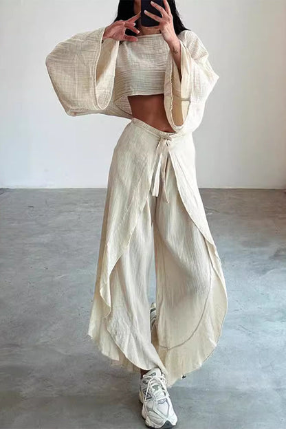 Frenulum Flounce Slit O Neck Long Sleeve Two Pieces