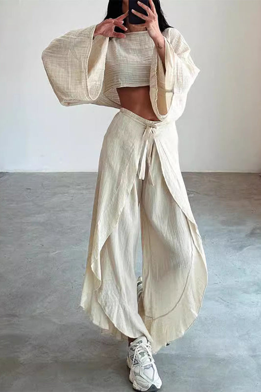 Frenulum Flounce Slit O Neck Long Sleeve Two Pieces