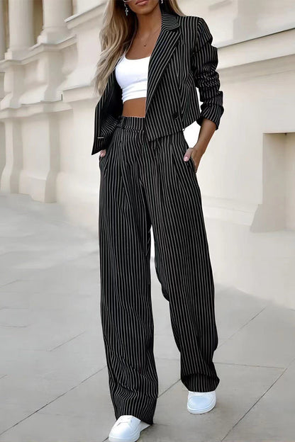 British Style Striped Pocket Turn-back Collar Long Sleeve Two Pieces