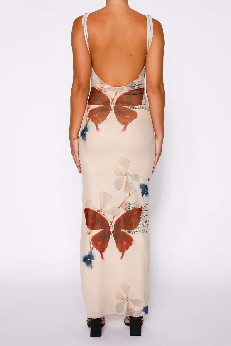 Print Butterfly Flowers Slit V Neck One Step Skirt Dresses