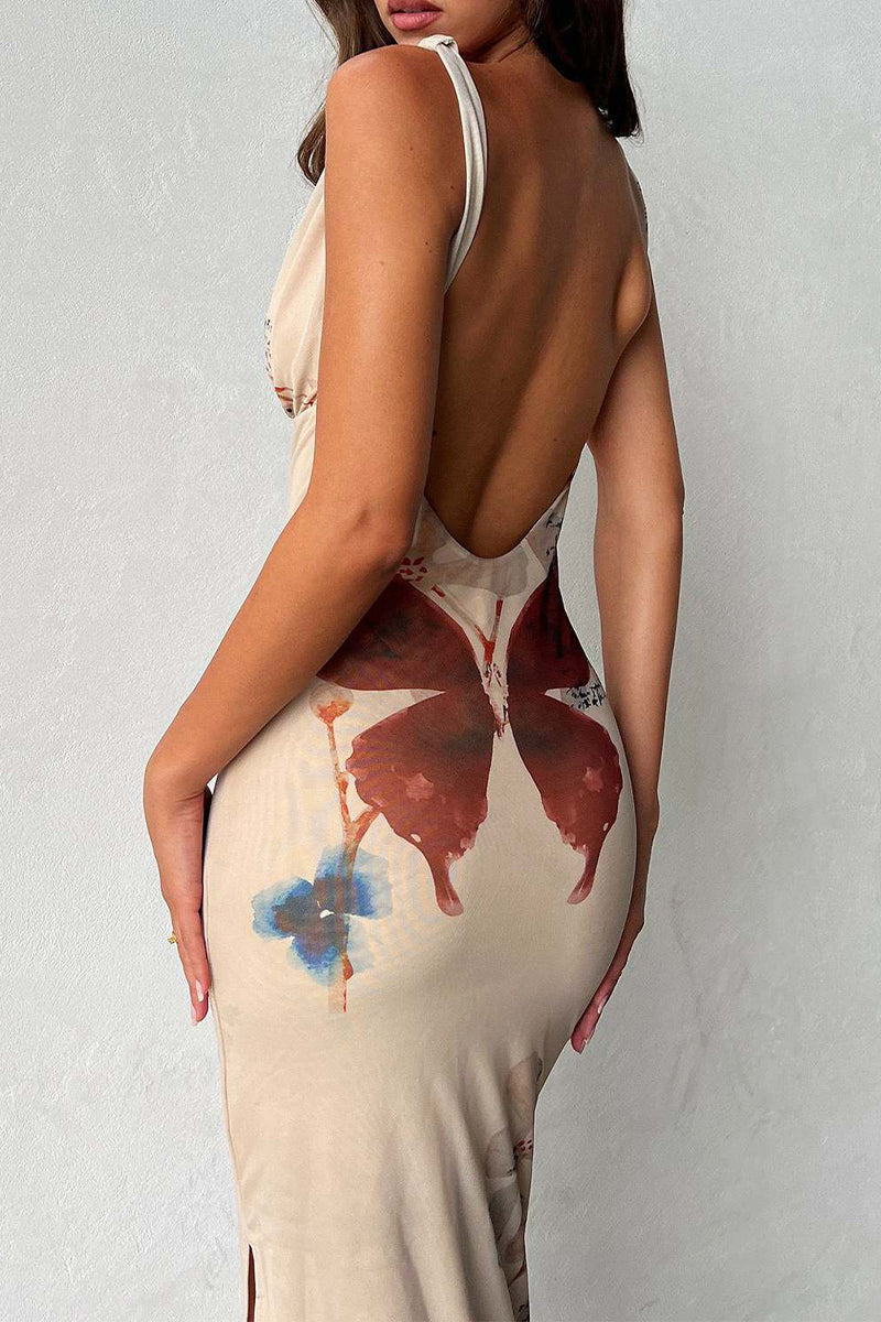 Print Butterfly Flowers Slit V Neck One Step Skirt Dresses