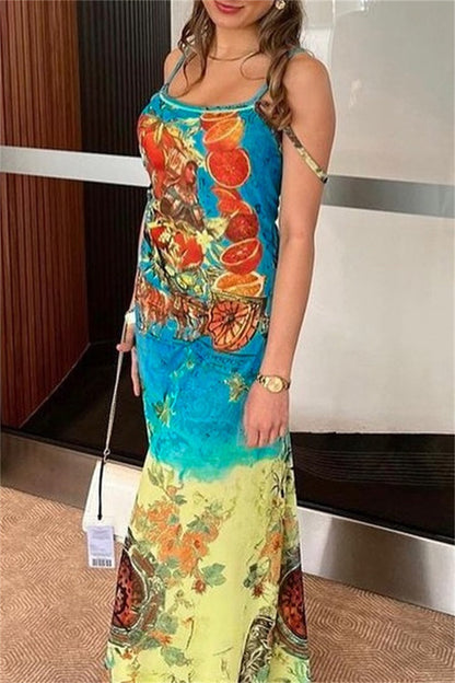 Print Backless Spaghetti Strap Long Dresses