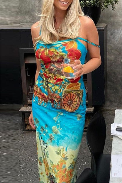 Print Backless Spaghetti Strap Long Dresses