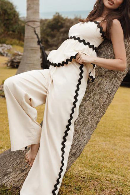 Ripple Draw String Backless Contrast Sleeveless Two Pieces