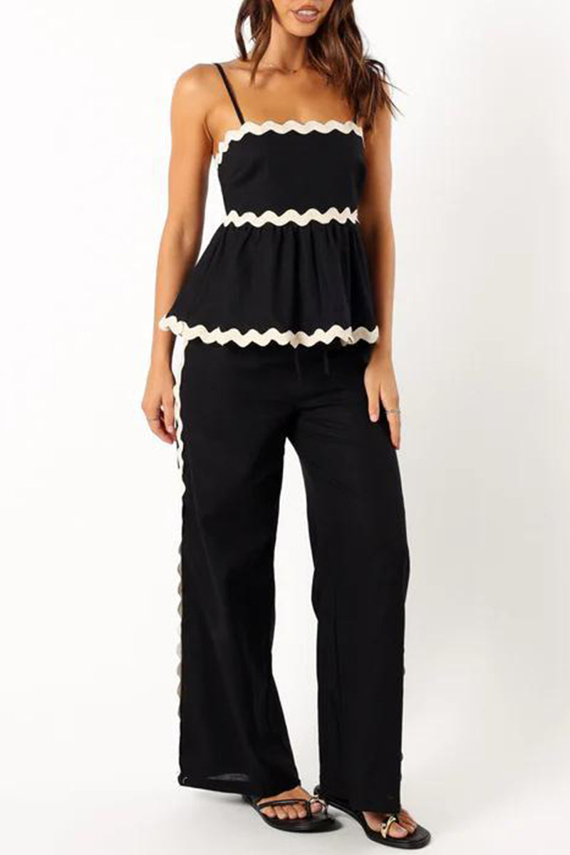 Ripple Draw String Backless Contrast Sleeveless Two Pieces