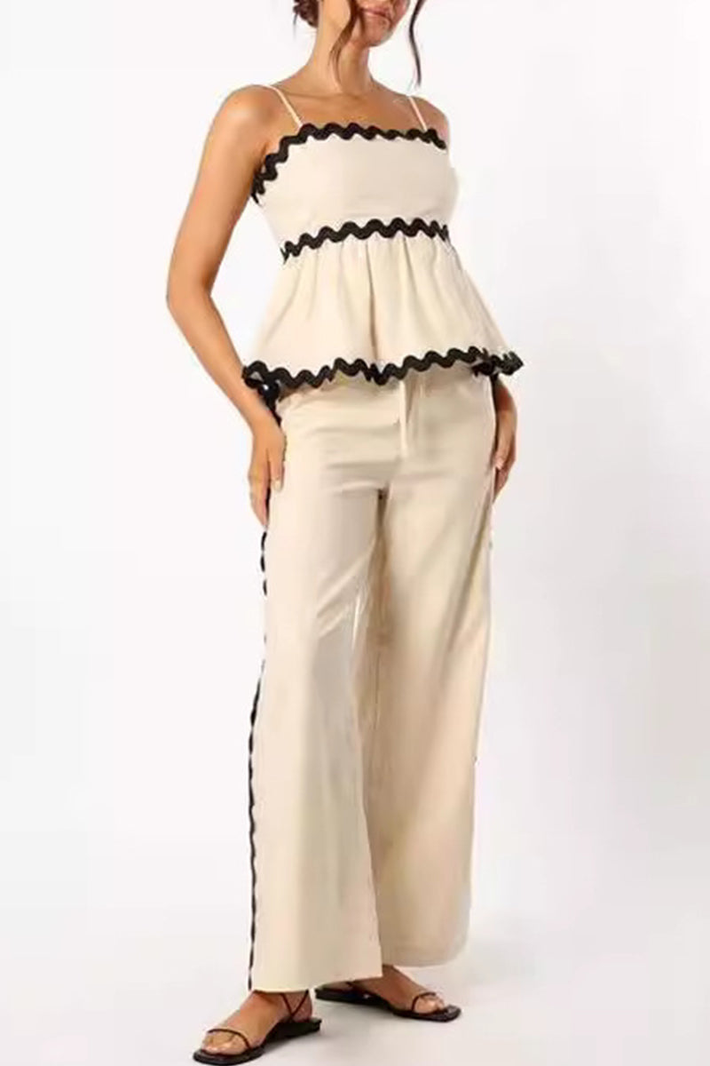 Ripple Draw String Backless Contrast Sleeveless Two Pieces