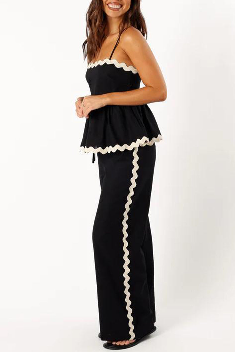 Ripple Draw String Backless Contrast Sleeveless Two Pieces