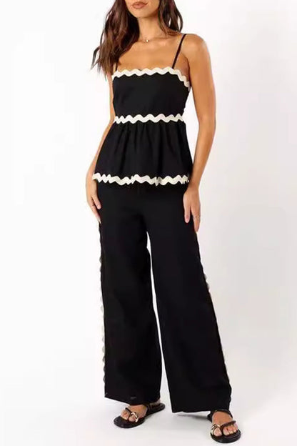 Ripple Draw String Backless Contrast Sleeveless Two Pieces