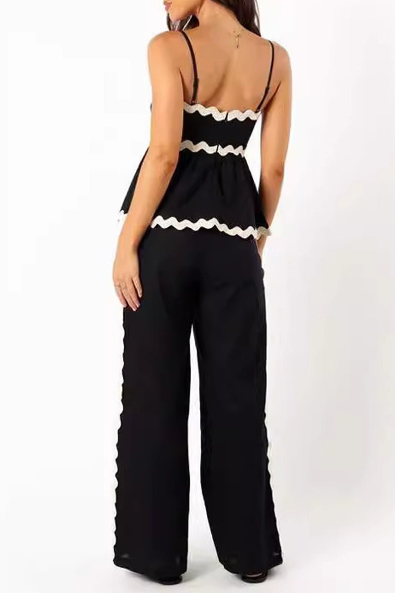 Ripple Draw String Backless Contrast Sleeveless Two Pieces