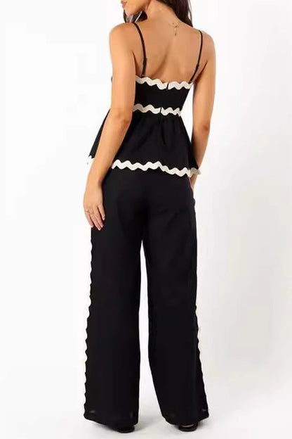 Ripple Draw String Backless Contrast Sleeveless Two Pieces