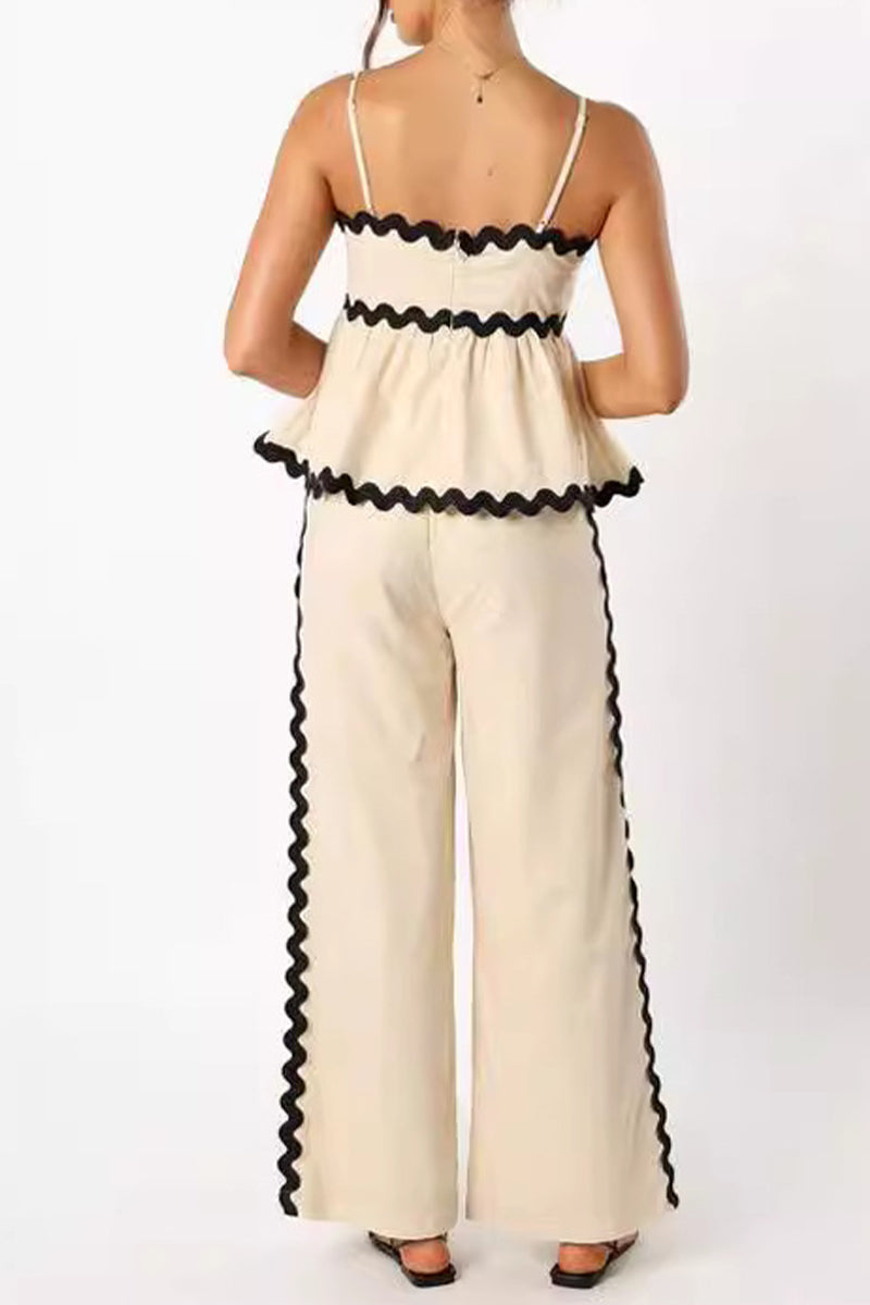 Ripple Draw String Backless Contrast Sleeveless Two Pieces