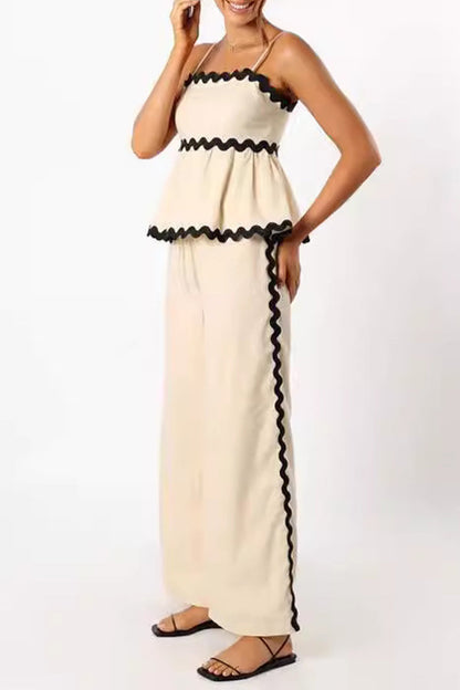 Ripple Draw String Backless Contrast Sleeveless Two Pieces