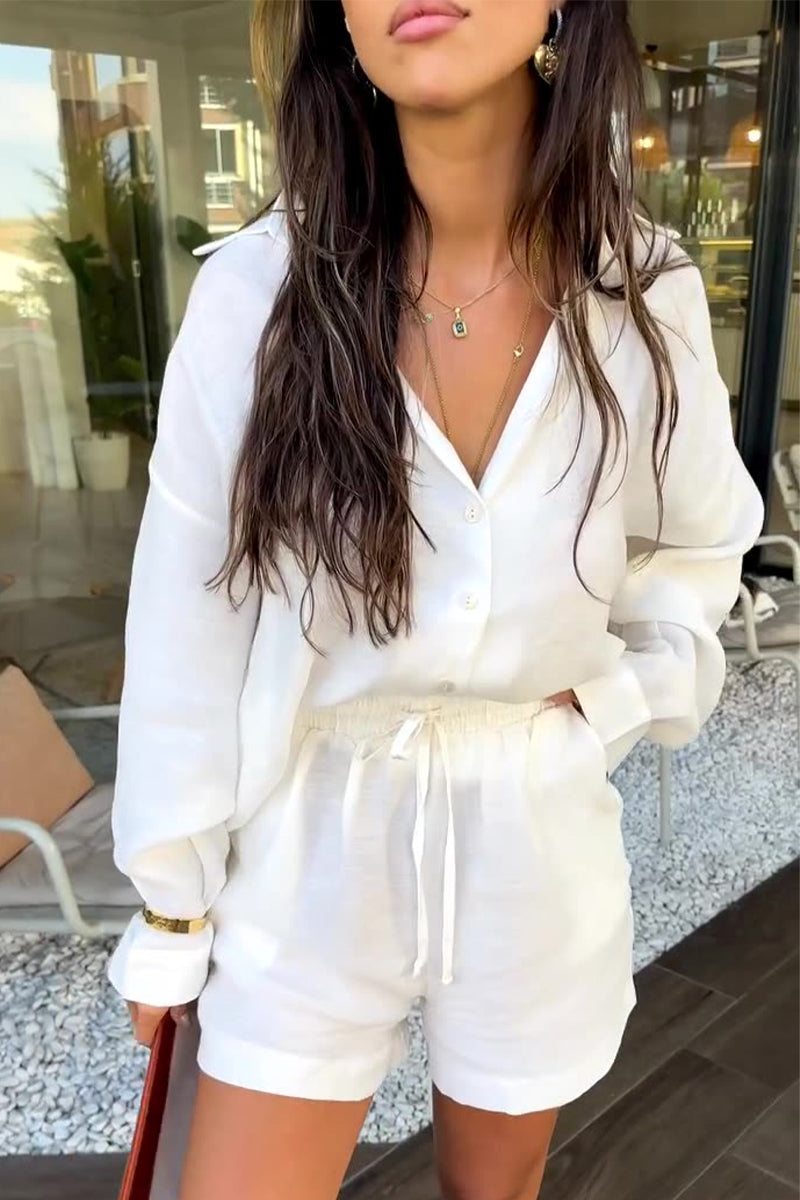 Vacation Draw String Pocket Turndown Collar Long Sleeve Two Pieces
