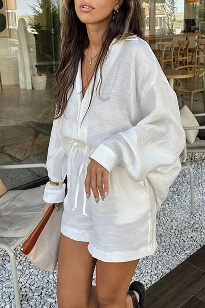 Vacation Draw String Pocket Turndown Collar Long Sleeve Two Pieces