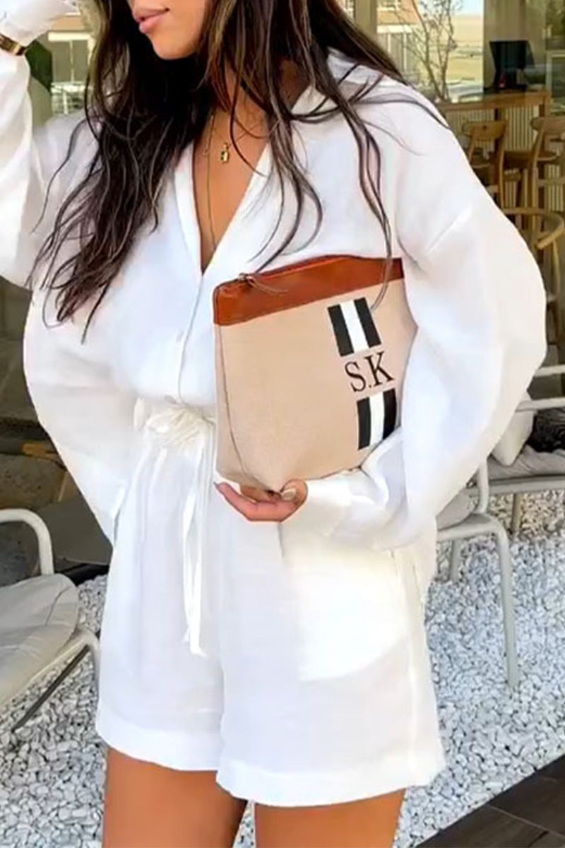 Vacation Draw String Pocket Turndown Collar Long Sleeve Two Pieces