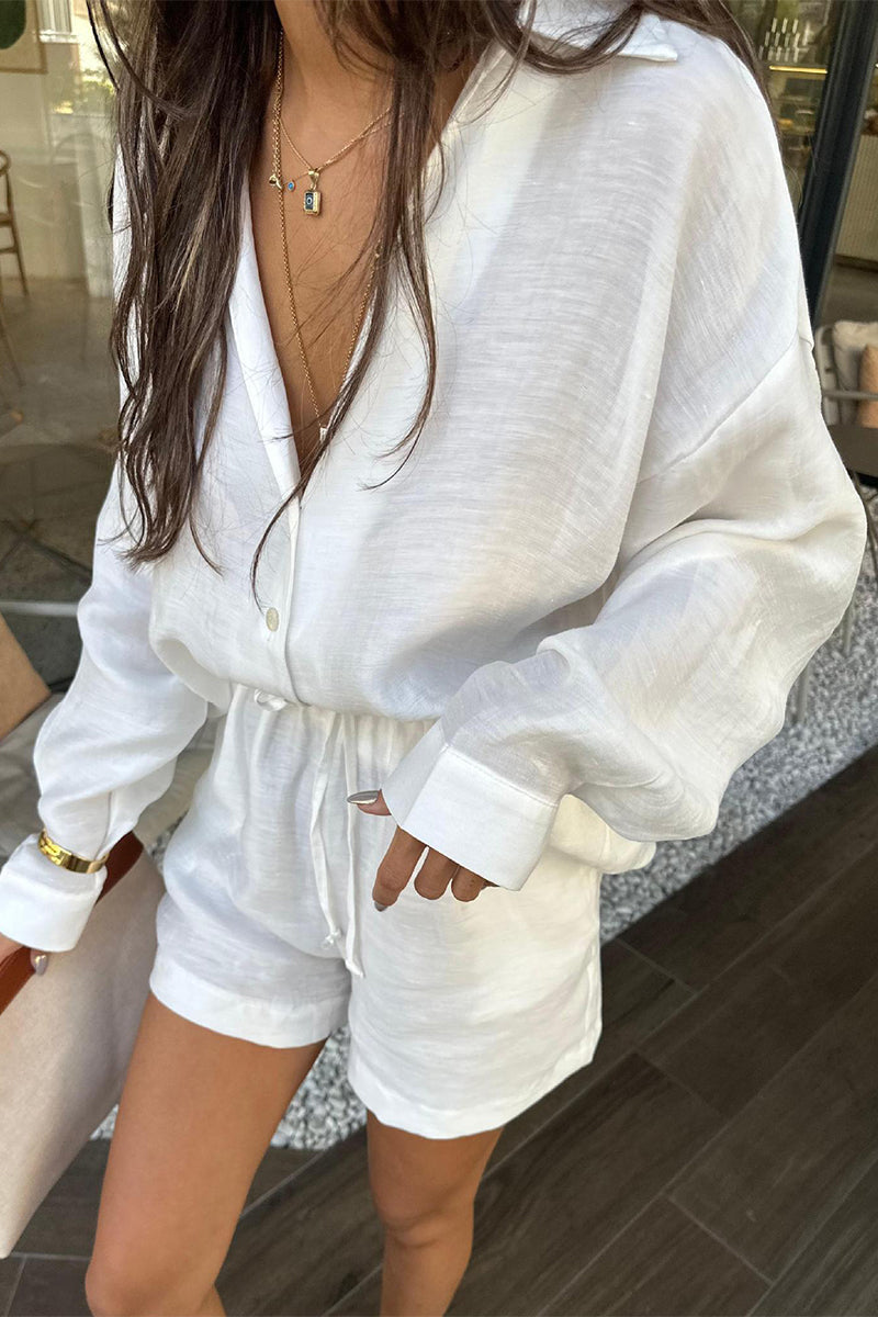 Vacation Draw String Pocket Turndown Collar Long Sleeve Two Pieces