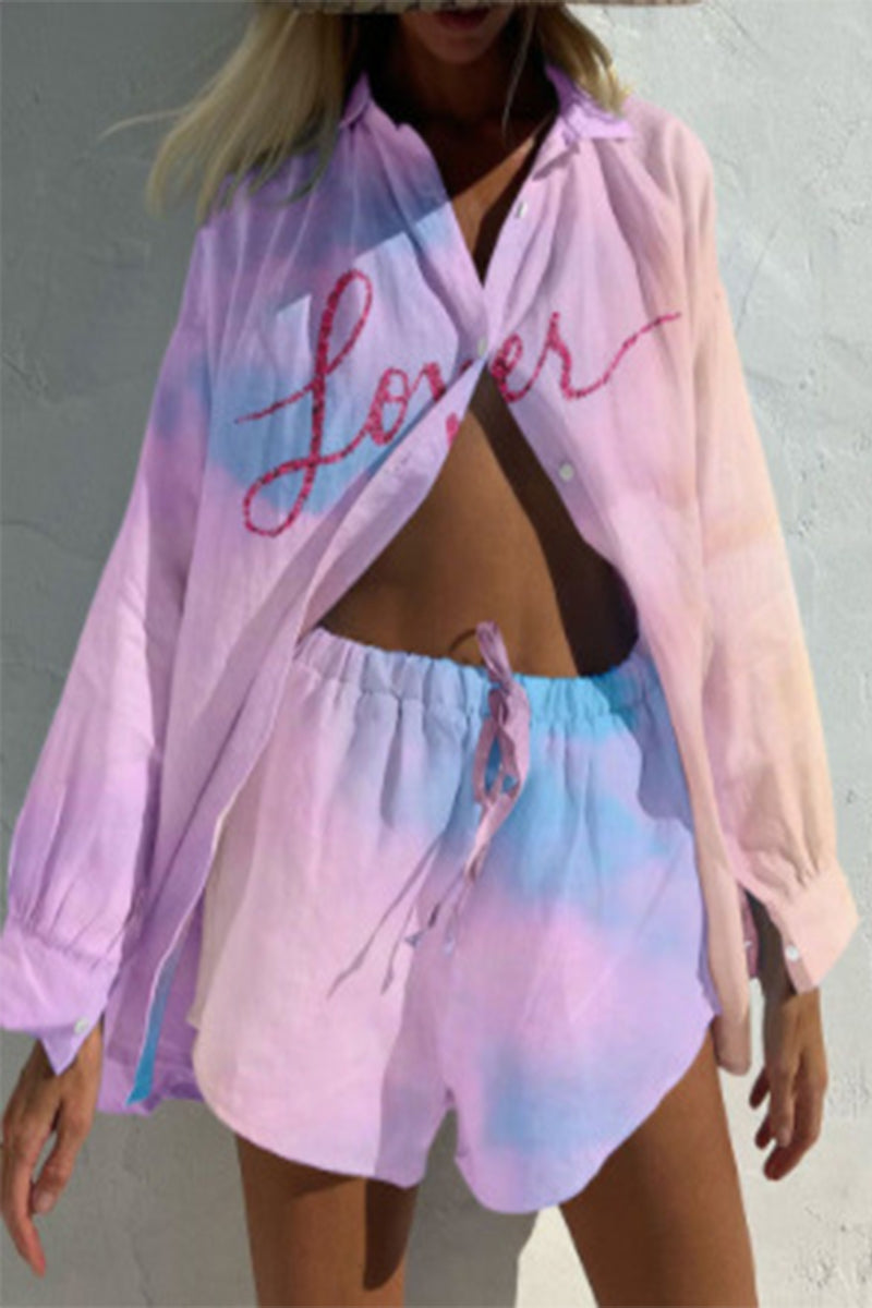 Geometric Print Draw String Pocket Turndown Collar Long Sleeve Two Pieces