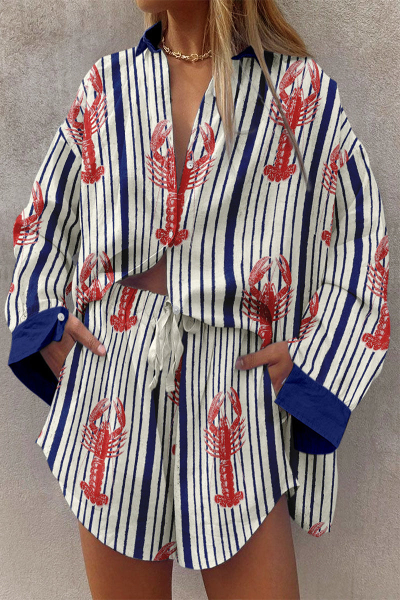 Geometric Print Draw String Pocket Turndown Collar Long Sleeve Two Pieces