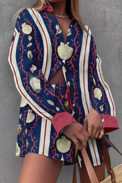 Geometric Print Draw String Pocket Turndown Collar Long Sleeve Two Pieces