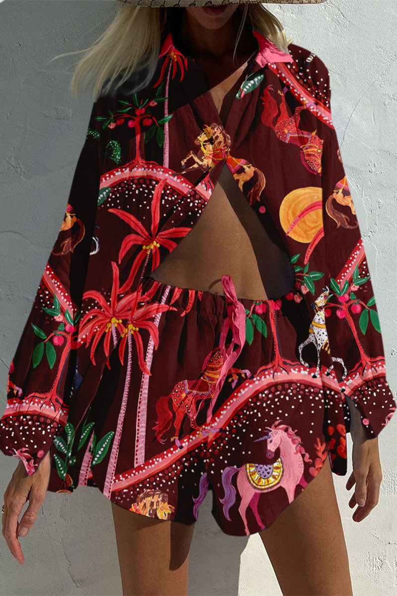 Geometric Print Draw String Pocket Turndown Collar Long Sleeve Two Pieces