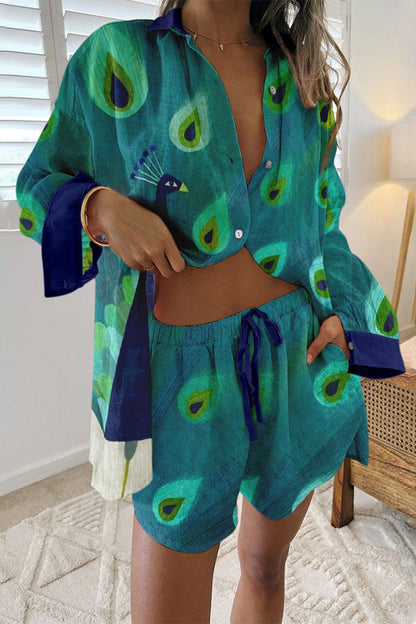 Geometric Print Draw String Pocket Turndown Collar Long Sleeve Two Pieces