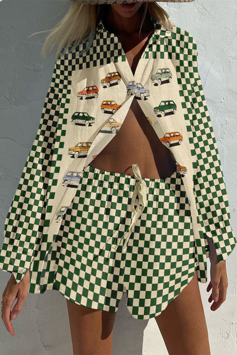 Geometric Print Draw String Pocket Turndown Collar Long Sleeve Two Pieces