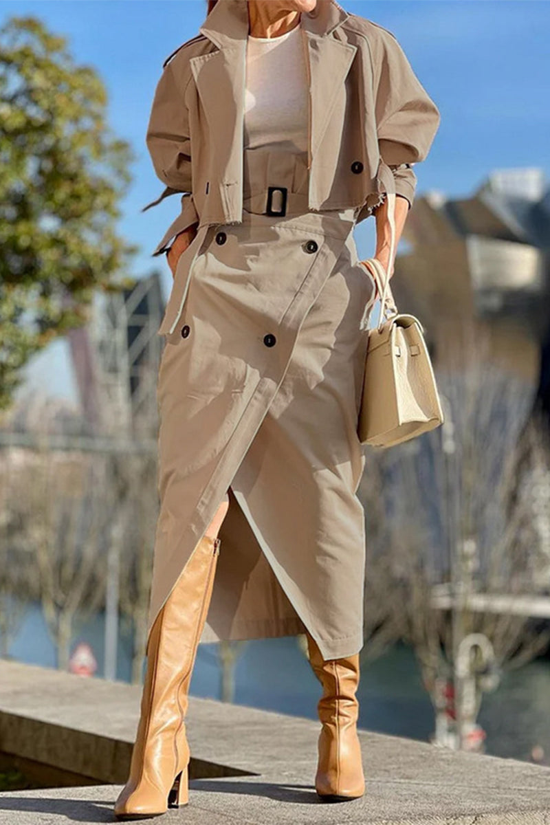 British Style Pocket Buttons Turndown Collar Long Sleeve Two Pieces
