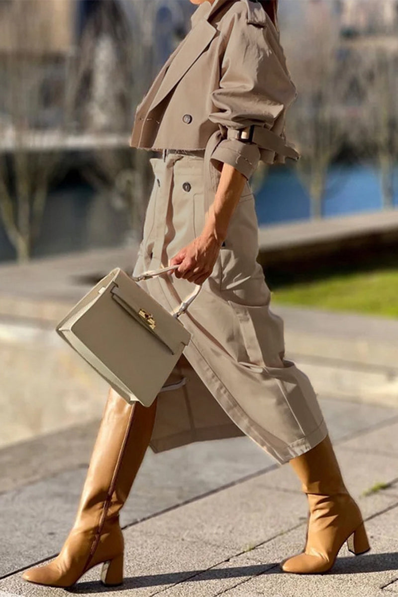 British Style Pocket Buttons Turndown Collar Long Sleeve Two Pieces