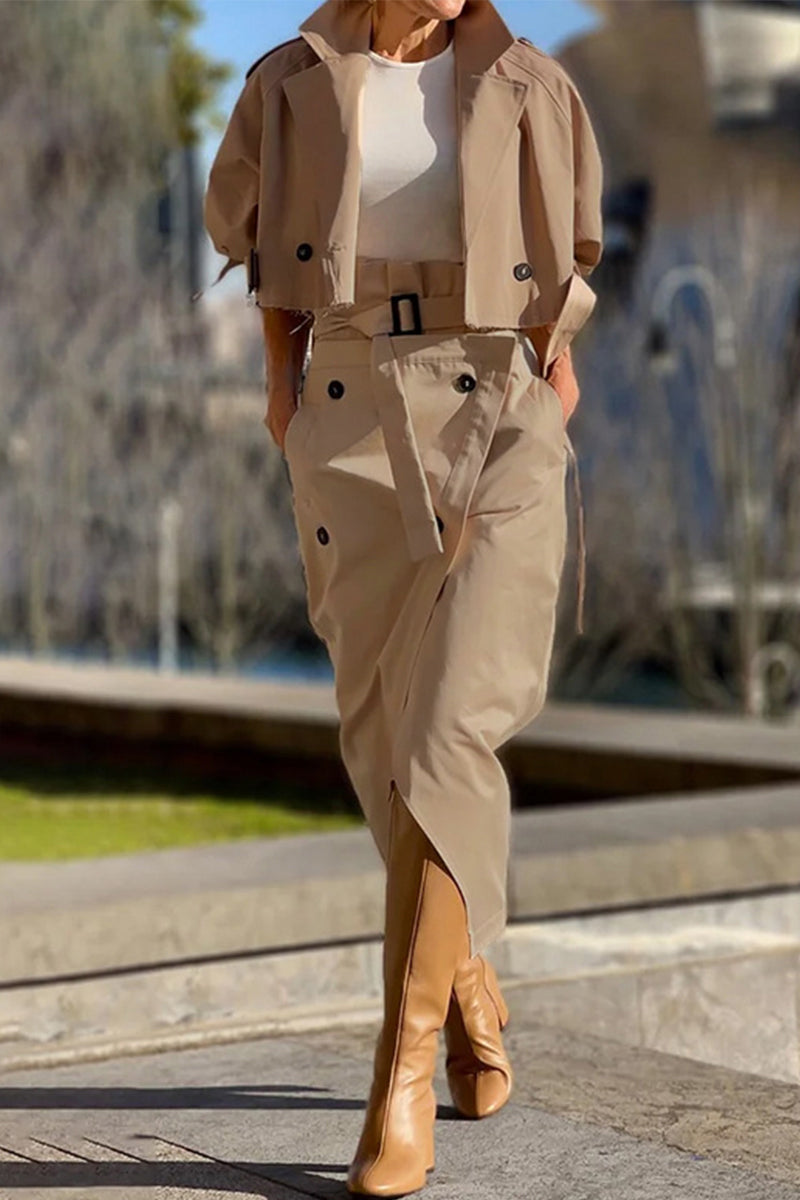 British Style Pocket Buttons Turndown Collar Long Sleeve Two Pieces