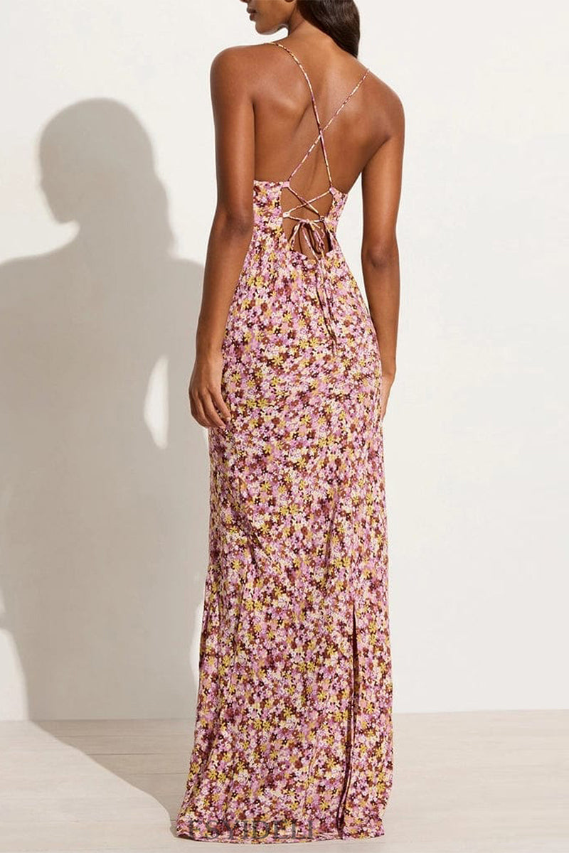 Print Flowers Backless Strap Design U Neck One Step Skirt Dresses(3 Colors)