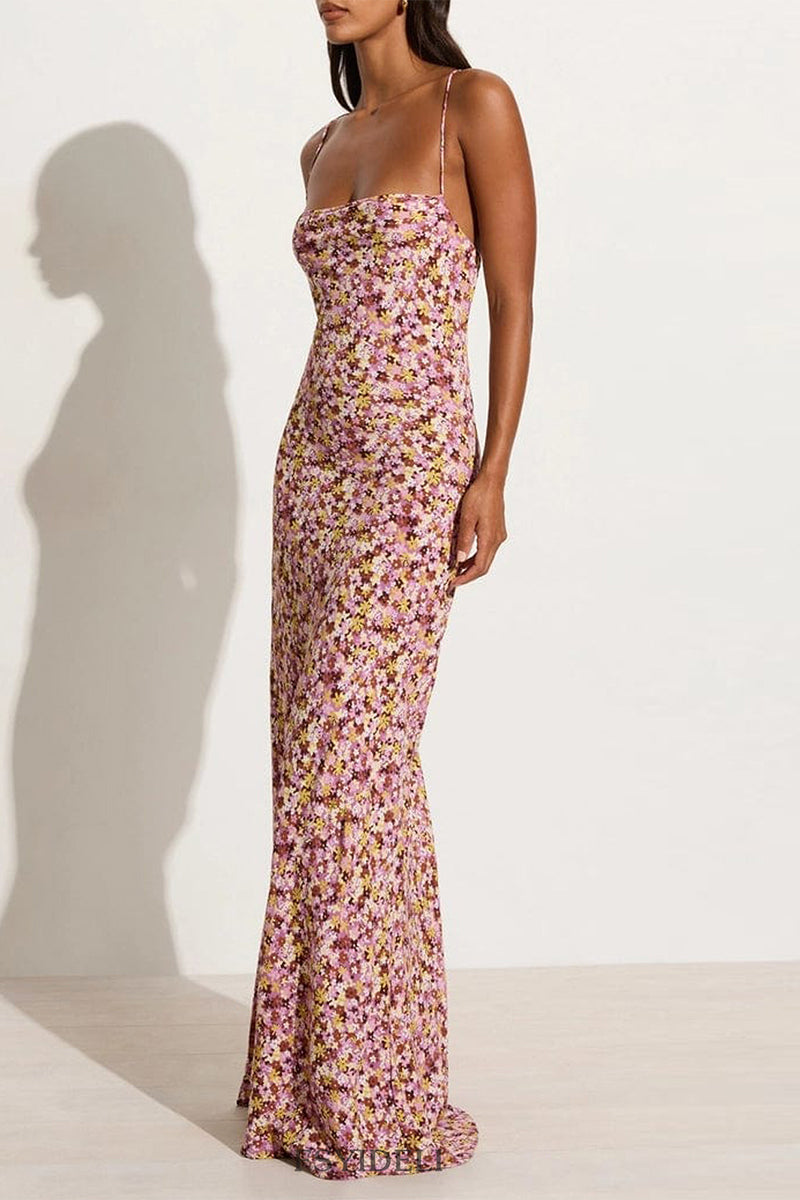 Print Flowers Backless Strap Design U Neck One Step Skirt Dresses(3 Colors)